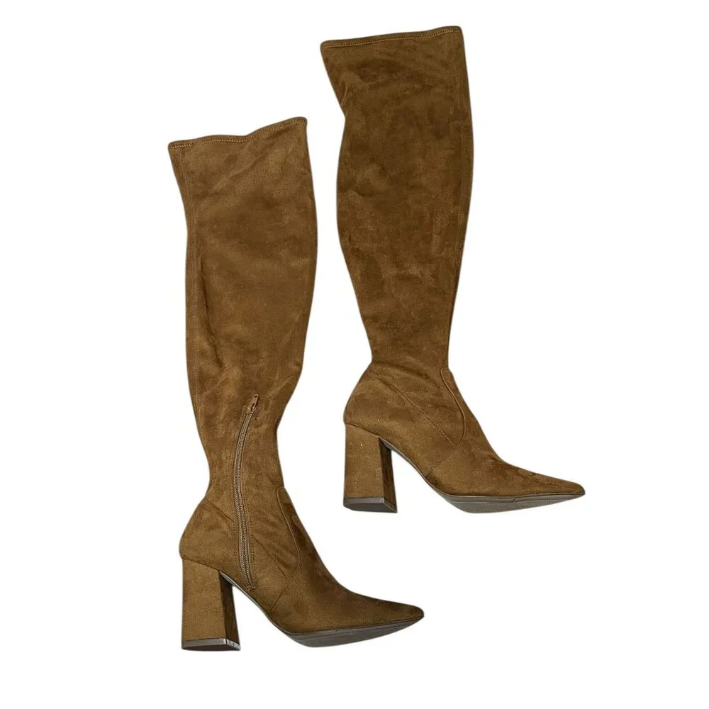 Steve Madden Tan Faux Suede Knee-High Boots 6.5M Pointed Toe Block Heel Side Zip
